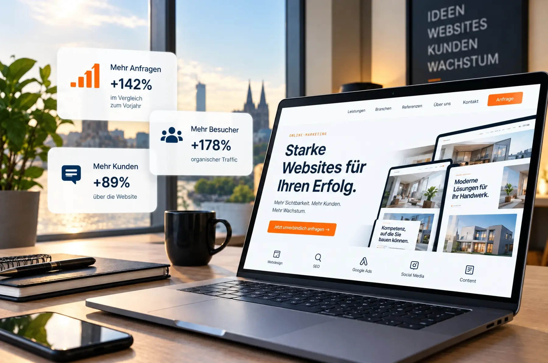 Laptop mit einer Unternehmenswebsite auf dem Schreibtisch, im Hintergrund der Kölner Dom